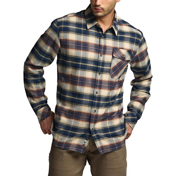 Mens Blue Cotton Flannel Shirt Long Sleeve Brushed Soft Casual Outdoor Plaid - Picture 2 of 9